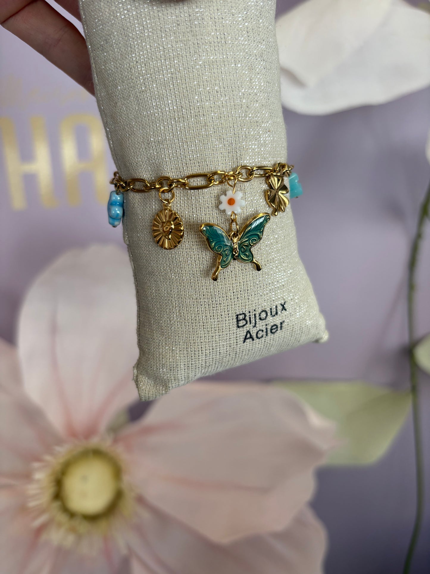 Bracelet breloque papillon bleu