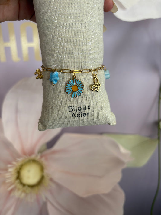Bracelet breloque bleu fleurs